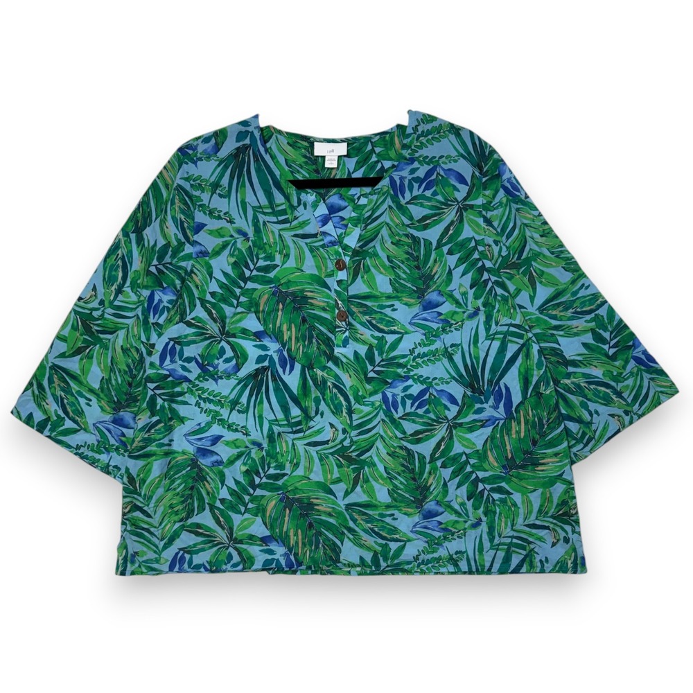 J Jill L Petite Top Green Blue Tropical Palm Leaf Print Cotton Henley